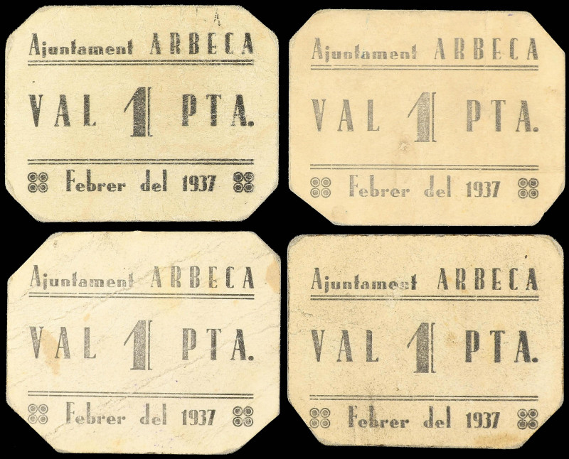 Paper Money of the Civil War
Catalonia
Lote 4 billetes 1 Pesseta. Aj. d´ ARBEC...