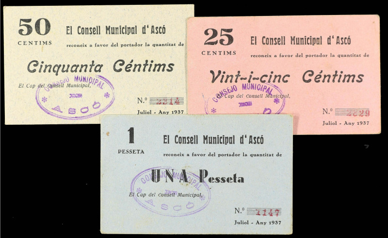 Paper Money of the Civil War
Catalonia
Lote 3 billetes 25, 50 Cèntims y 1 Pess...