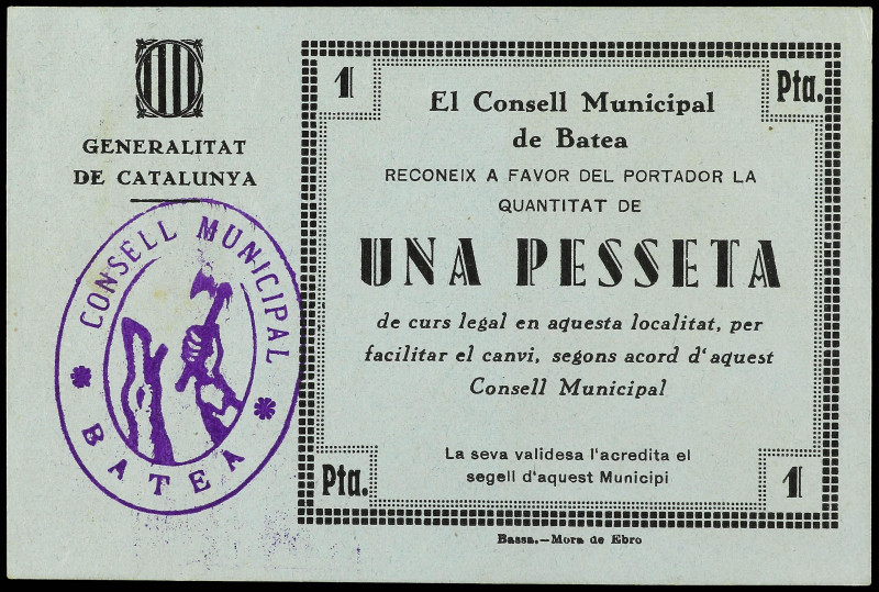 Paper Money of the Civil War
Catalonia
1 Pesseta. C.M. de BATEA. MUY RARO y MÁ...