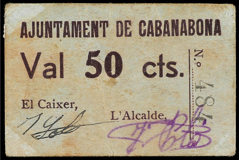 Paper Money of the Civil War
Catalonia
50 Cèntims. Aj. de CABANABONA. RARÍSIMO...