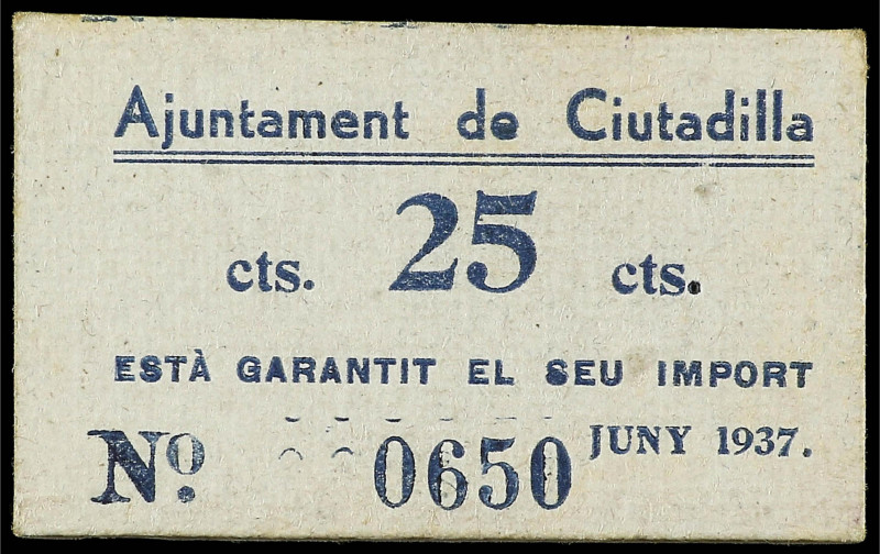 Paper Money of the Civil War
Catalonia
25 Cèntims. Aj. de CIUTADILLA. RARO. Ca...