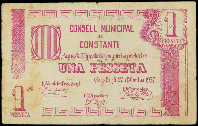 Paper Money of the Civil War
Catalonia
1 Pesseta. C.M. de CONSTANTÍ. RARÍSIMO....