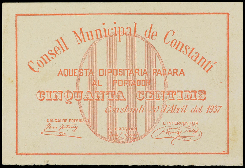 Paper Money of the Civil War
Catalonia
50 Cèntims. C.M. de CONSTANTÍ. RARÍSIMO...