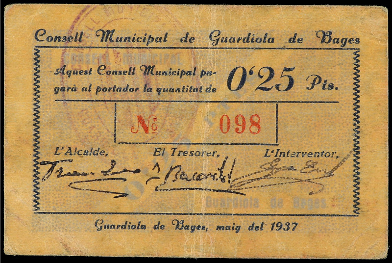 Paper Money of the Civil War
Catalonia
25 Cèntims. C.M. de GUARDIOLA DE BAGES....