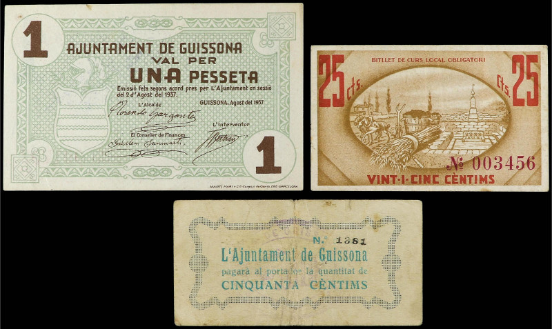 Paper Money of the Civil War
Catalonia
Lote 3 billetes 25, 50 Cèntims, 1 Pesse...