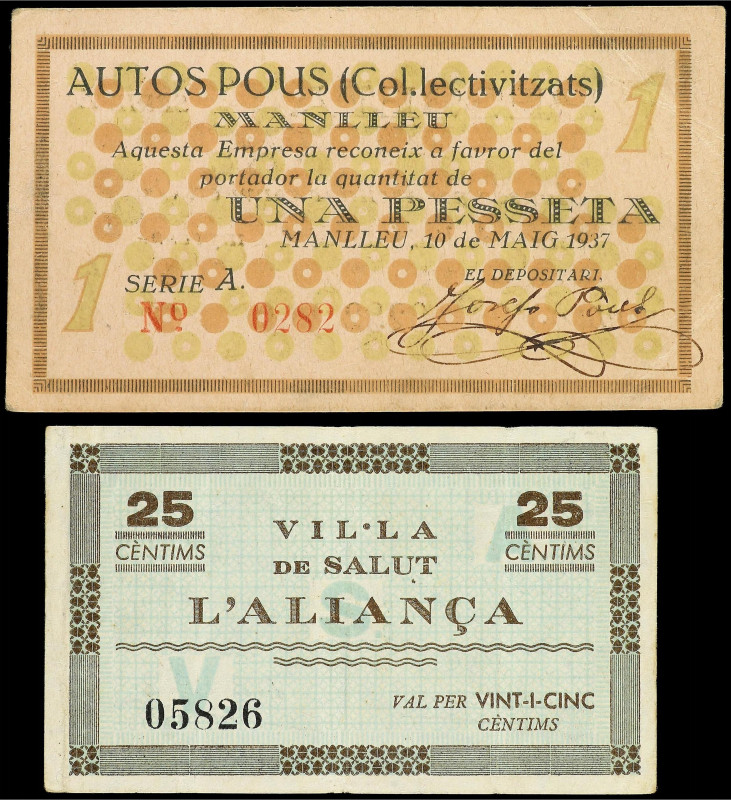 Paper Money of the Civil War
Catalonia
Lote 2 billetes 25 Cèntims y 1 Pesseta....