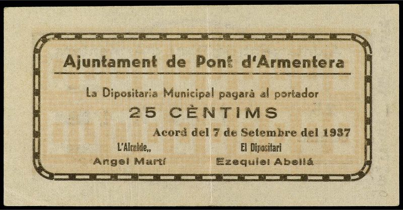 Paper Money of the Civil War
Catalonia
25 Cèntims. 7 Setembre 1937. Aj. de PON...