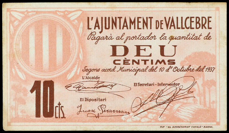 Paper Money of the Civil War
Catalonia
10 Cèntims. 10 Octubre 1937. Aj. de VAL...