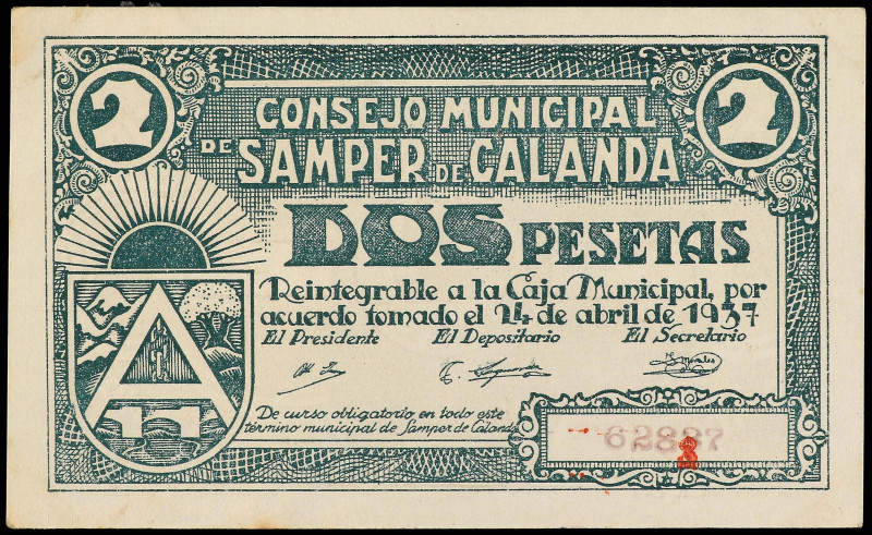 Paper Money of the Civil War
Aragon-Franja de Ponent
2 Pesetas. C.M. de SAMPER...