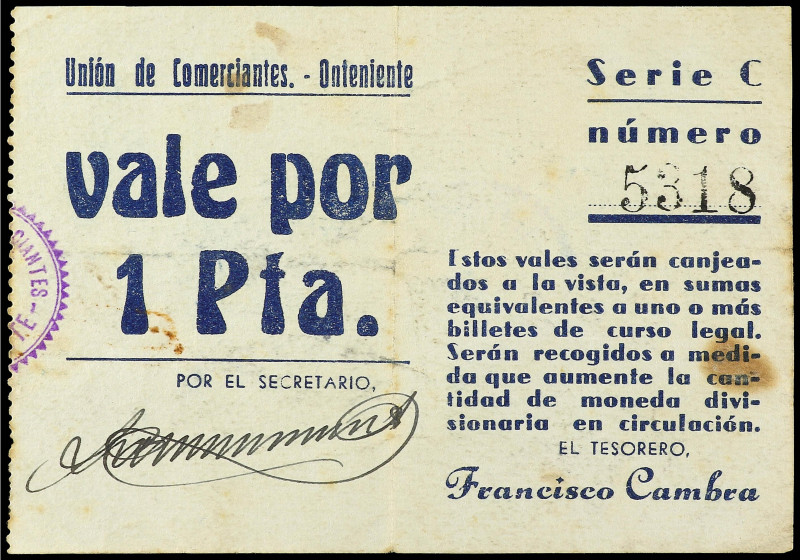 Paper Money of the Civil War
Valencia
1 Peseta. UNIÓN DE COMERCIANTES de ONTEN...