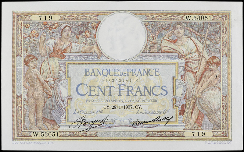 World Banknotes
100 Francs. Enero 1937. FRANCIA. (Puntos de grapa y pequeña rot...