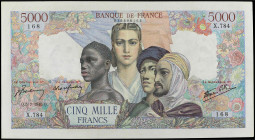 World Banknotes
5.000 Francs. Julio 1945. FRANCIA. Alegoría de Francia con tres hombres (Colonias). Pick-103c. MBC+.