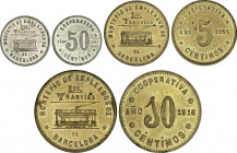 Company Stores and Propaganda Tokens
Lote 3 fichas 5, 10 y 50 Céntimos. 1916. MONTEPIO DE EMPLEADOS. TRANVIAS DE BARCELONA. ESCASAS. Latón (2), Ni. B...