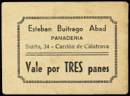 Company Stores and Propaganda Tokens
Vale por 3 panes. S/F. PANADERÍA ESTEBAN BUITRAGO. CARRIÓN DE CALATRAVA (Ciudad Real). Cartulina. RGH-No cita. M...