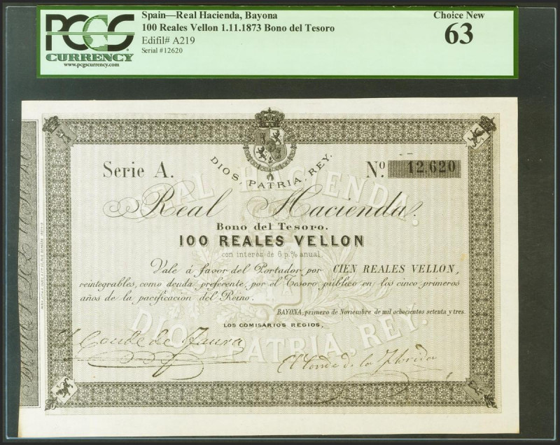 100 Reales de Vellón. 1 de Noviembre de 1873. Real Hacienda. Serie A. (Edifil 20...