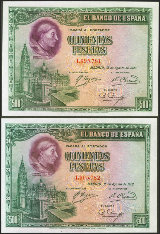 500 Pesetas. 15 de Agosto de 1928. Pareja correlativa. Sin serie. (Edifil 2021: ...