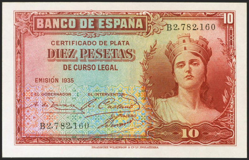 10 Pesetas. 1935. Certificado de Plata. Serie B. (Edifil 2021: 364a). Conserva t...