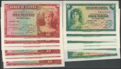 Conjunto de 10 series completas de los billetes correlativos de 5 Pesetas y 10 Pesetas emitidos en 1935, con las series C y A, respectivamente. (Edifi...