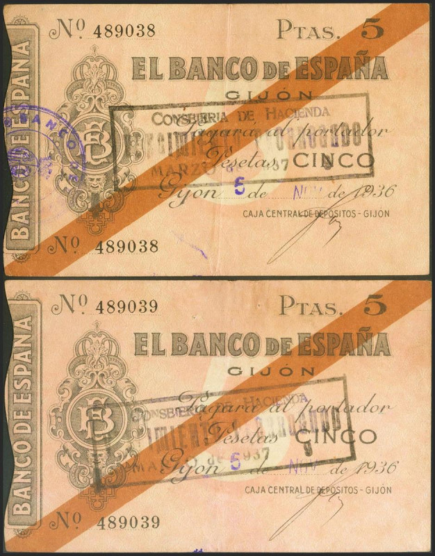 5 Pesetas. 5 de Noviembre de 1936. Sucursal de Gijón. Pareja correlativa. Sin se...