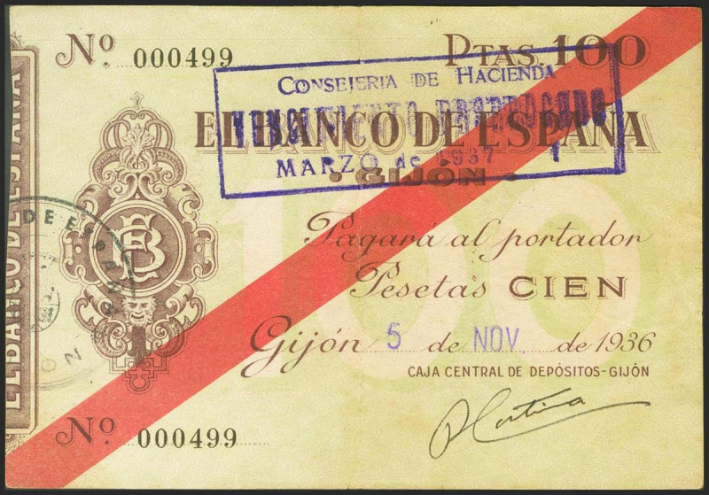 100 Pesetas. 5 de Noviembre de 1936. Sucursal de Gijón. Sin serie y numeración m...