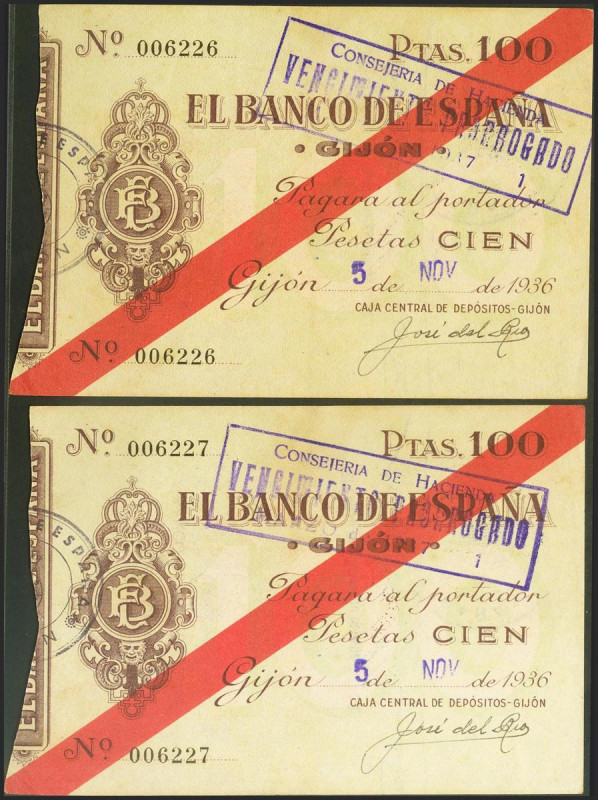 100 Pesetas. 5 de Noviembre de 1936. Sucursal de Gijón. Pareja correlativa. Sin ...