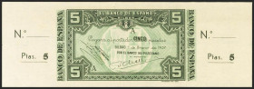 5 Pesetas. 1 de Enero de 1937. Sucursal de Bilbao, antefirma Banco Guipuzcoano. Serie A y sin numeración, con ambas matrices. (Edifil 2021: 386c). Apr...