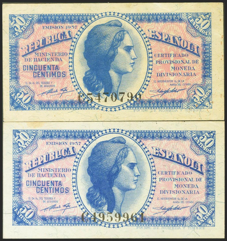 Conjunto de 2 billetes del 50 Céntimos emitidos en 1937 con la serie C, última s...