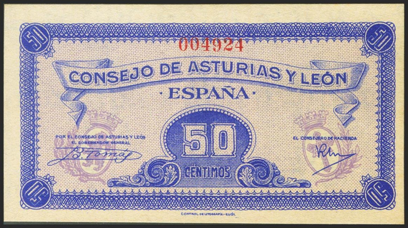 50 Céntimos. 1937. Asturias y León. Sin serie y numeración baja. (Edifil 2021: 3...