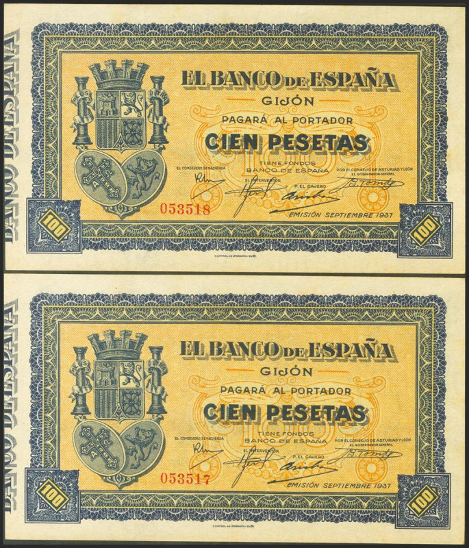 100 Pesetas. Septiembre 1937. Pareja correlativa. Asturias y León. Sin serie. (E...