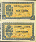 100 Pesetas. Septiembre 1937. Pareja correlativa. Asturias y León. Sin serie. (Edifil 2021: 399). Inusual, apresto original. SC.