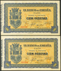 100 Pesetas. Septiembre 1937. Pareja correlativa. Asturias y León. Sin serie. (Edifil 2021: 399). Inusual, apresto original. SC-.