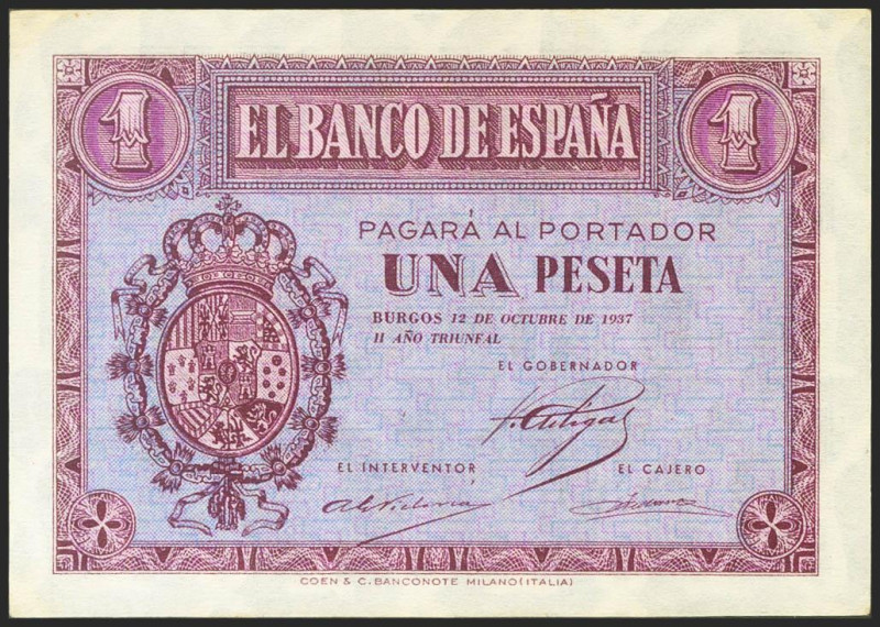 1 Peseta. 12 de Octubre de 1937. Serie C. (Edifil 2021: 425a). Apresto original....