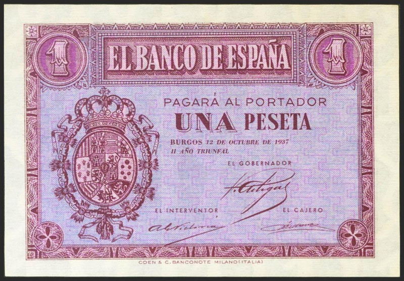 1 Peseta. 12 de Octubre de 1937. Serie D. (Edifil 2021: 425a). Apresto original....