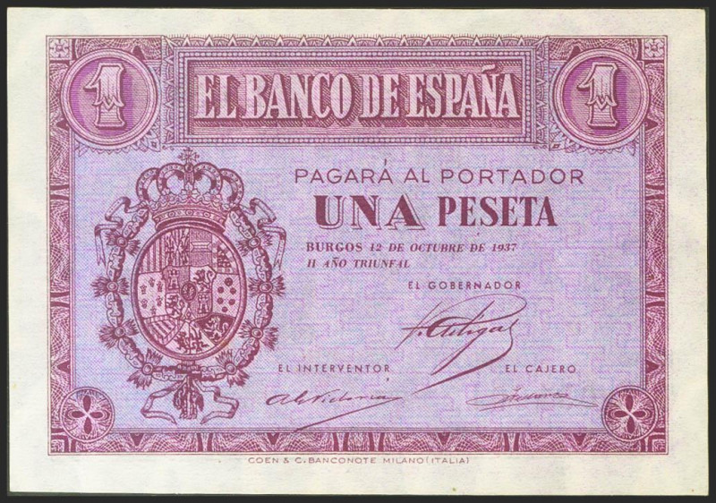 1 Peseta. 12 de Octubre de 1937. Serie E. (Edifil 2021: 425a). Apresto original....