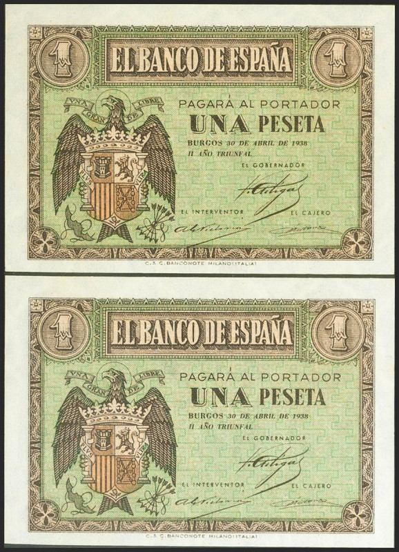 1 Peseta. 30 de Abril de 1938. Pareja correlativa. Serie I. (Edifil 2021: 428a)....