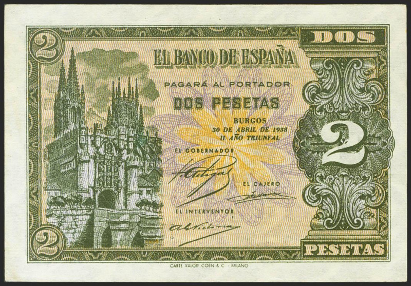 2 Pesetas. 30 de Abril de 1938. Serie M. (Edifil 2021: 429a). Apresto original. ...