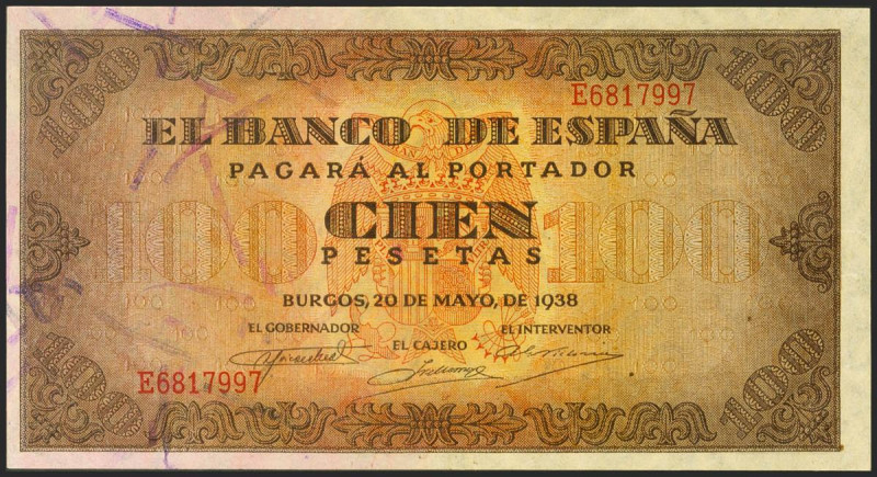 100 Pesetas. 20 de Mayo de 1938. Serie E. (Edifil 2021: 432a). Conserva gran par...