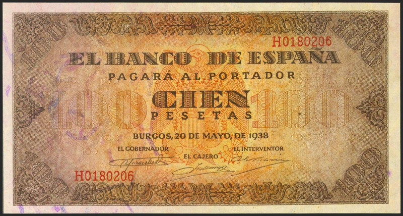 100 Pesetas. 20 de Mayo de 1938. Serie H, última serie emitida. (Edifil 2021: 43...