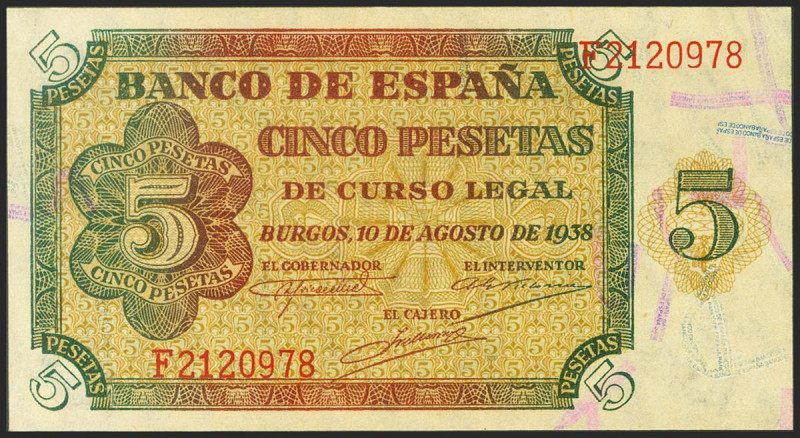 5 Pesetas. 10 de Agosto de 1938. Serie F. (Edifil 2021: 435a). Apresto original....