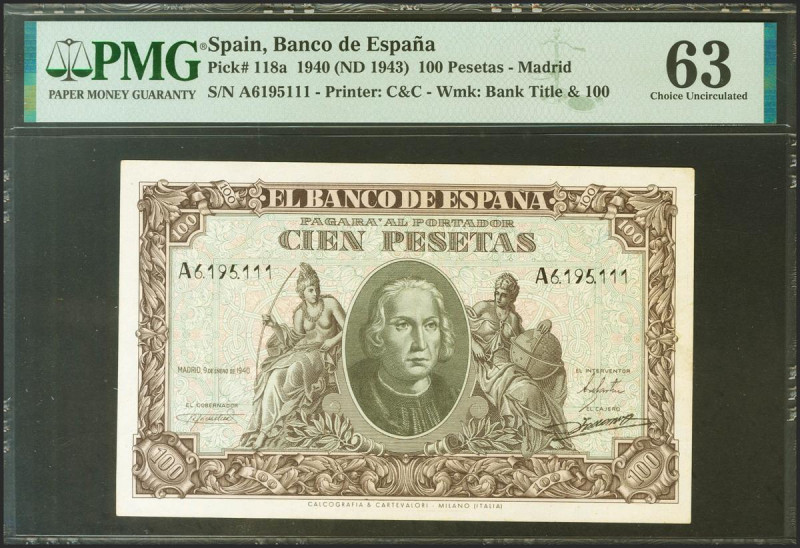 100 Pesetas. 9 de Enero de 1940. Serie A. (Edifil 2021: 438, Pick: 118a). Inusua...