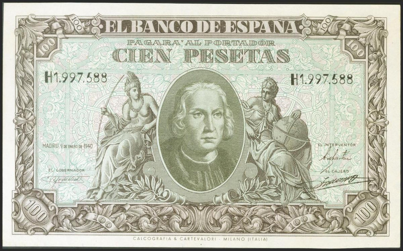 100 Pesetas. 9 de Enero de 1940. Serie H. (Edifil 2021: 438a). Conserva parte de...