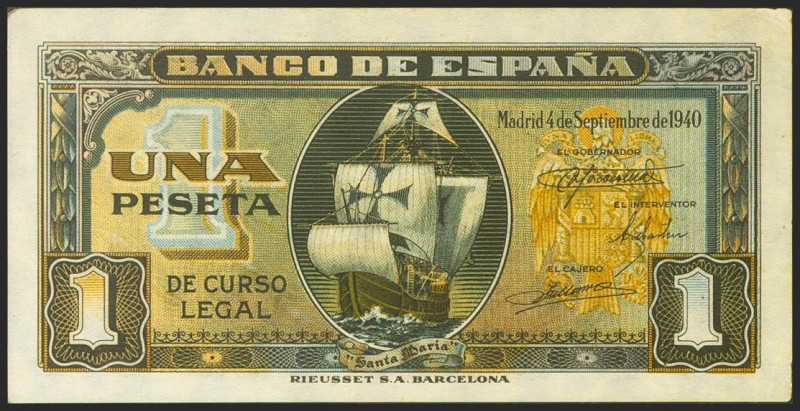 1 Peseta. 4 de Septiembre de 1940. Sin serie. (Edifil 2021: 442). Apresto origin...