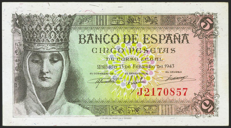 5 Pesetas. 13 de Febrero de 1943. Serie J. (Edifil 2021: 446a). Apresto original...