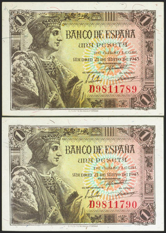 1 Peseta. 21 de Mayo de 1943. Pareja correlativa. Serie D. (Edifil 2021: 447a). ...