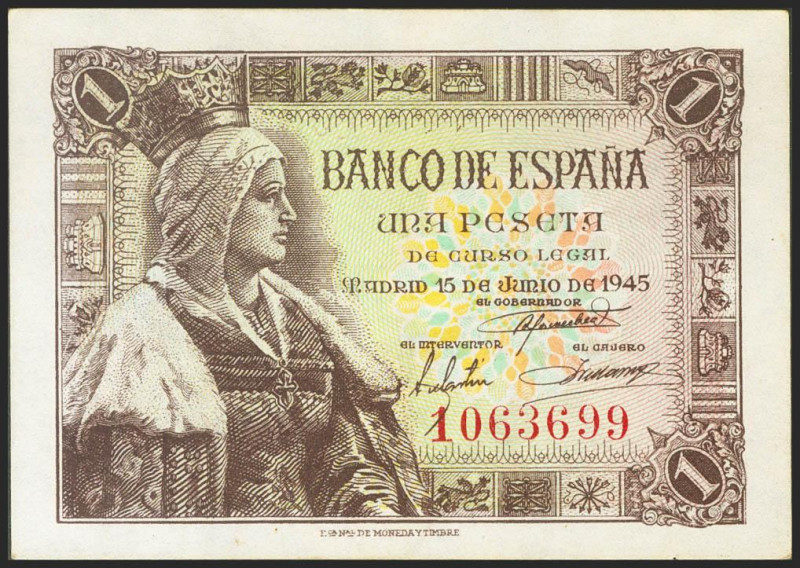 1 Peseta. 15 de Junio de 1945. Sin serie. (Edifil 2021: 448). Apresto original. ...