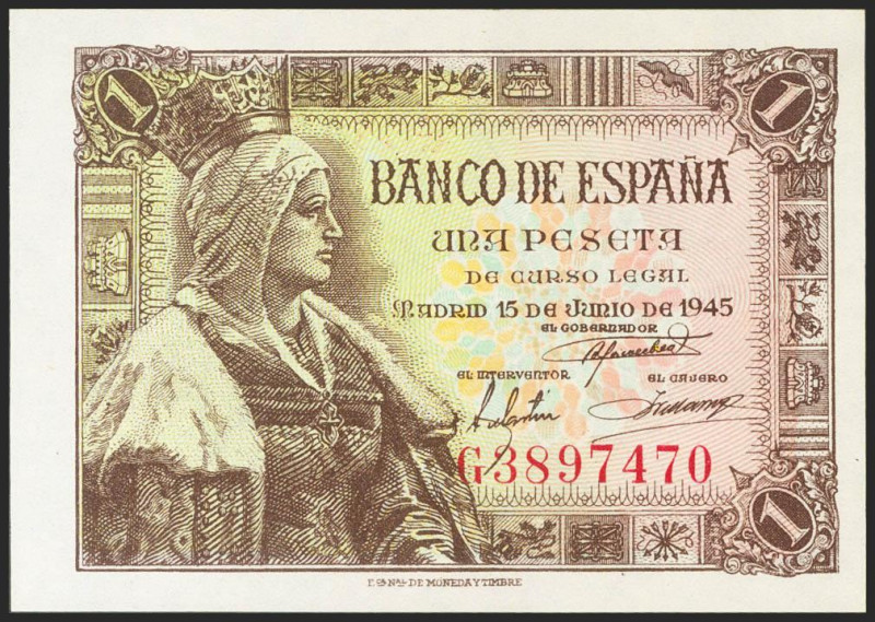 1 Peseta. 15 de Junio de 1945. Serie G. (Edifil 2021: 448a). Apresto original. S...