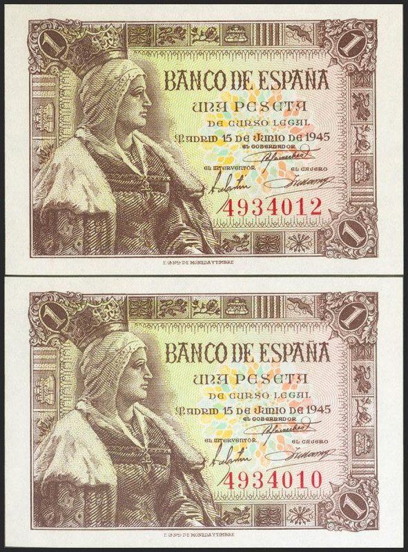 1 Peseta. 15 de Junio de 1945. Pareja correlativa. Sin serie. (Edifil 2021: 448)...