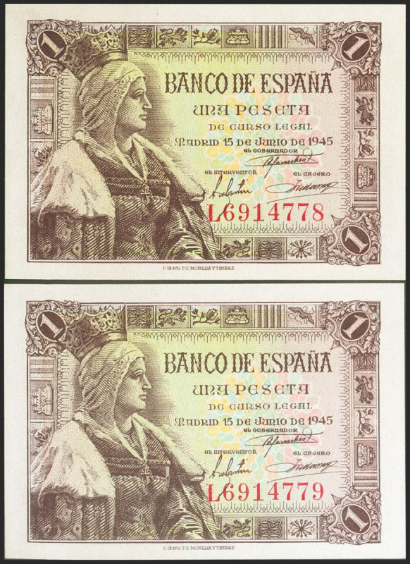 1 Peseta. 15 de Junio de 1945. Pareja correlativa. Serie L. (Edifil 2021: 448a)....