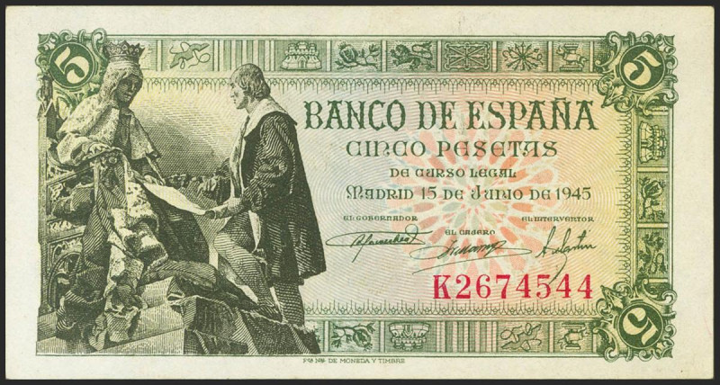 5 Pesetas. 15 de Junio de 1945. Serie K. (Edifil 2021: 449a). Apresto original. ...