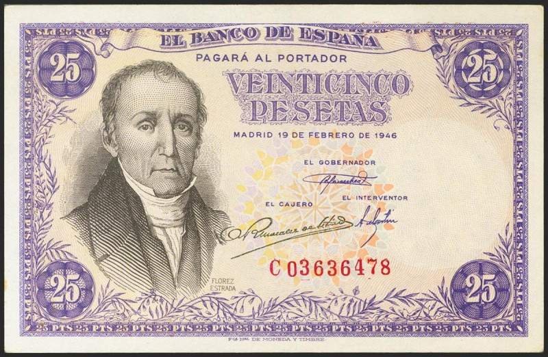 25 Pesetas. 19 de Febrero de 1946. Serie C. (Edifil 2021: 450a). Apresto origina...